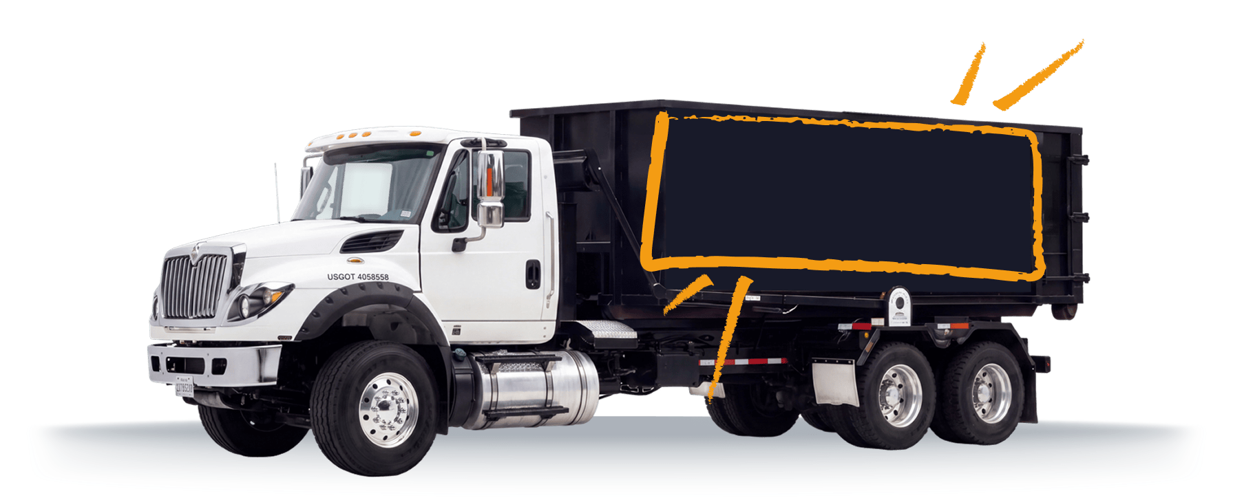 CityBox roll-off truck with orange illustrated advertising panel and ground shadow