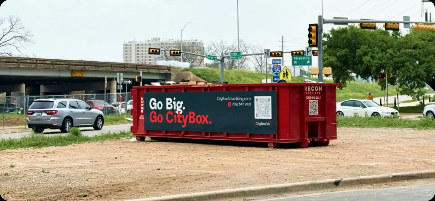 Go Big. Go CityBox. container beside an Austin intersection.